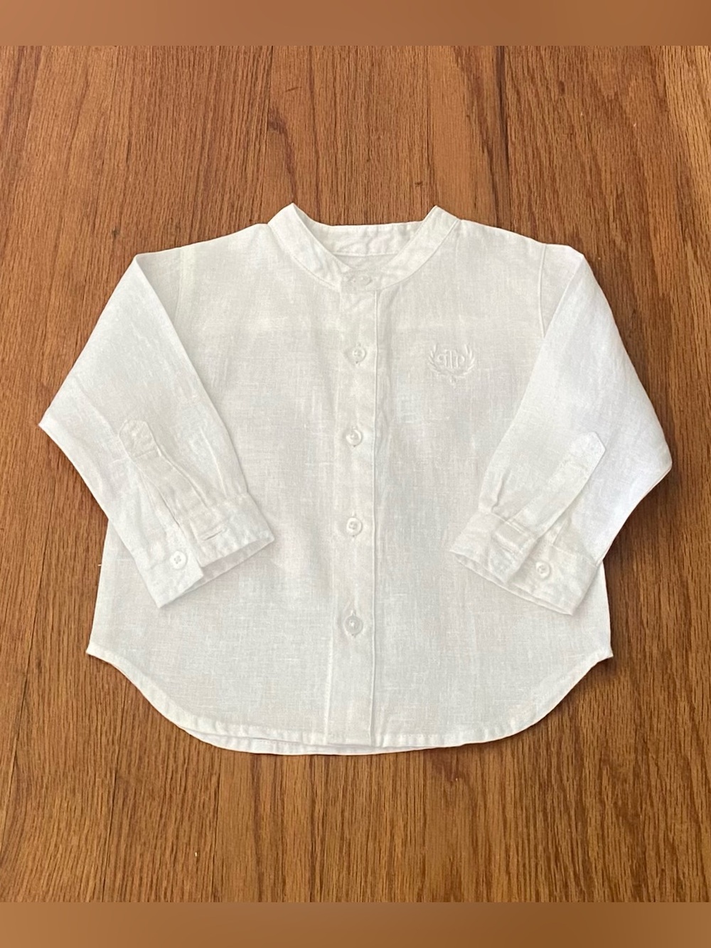 Tutto Piccolo Linen White Long-Sleeve Button-Up Shirt with Mandarin Collar